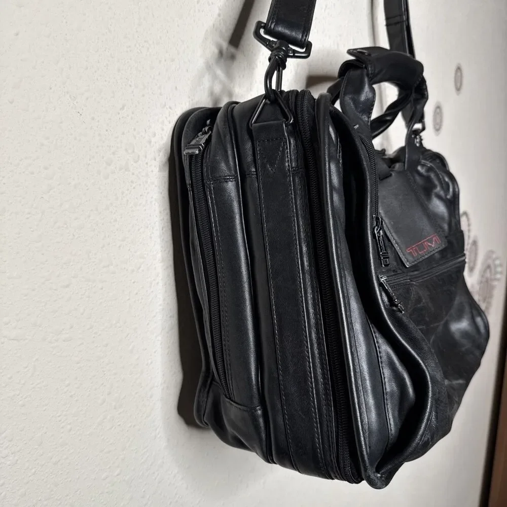 TUMI Alpha Black Leather 17” Messenger Laptop Expandable Briefcase Bag Monogram
